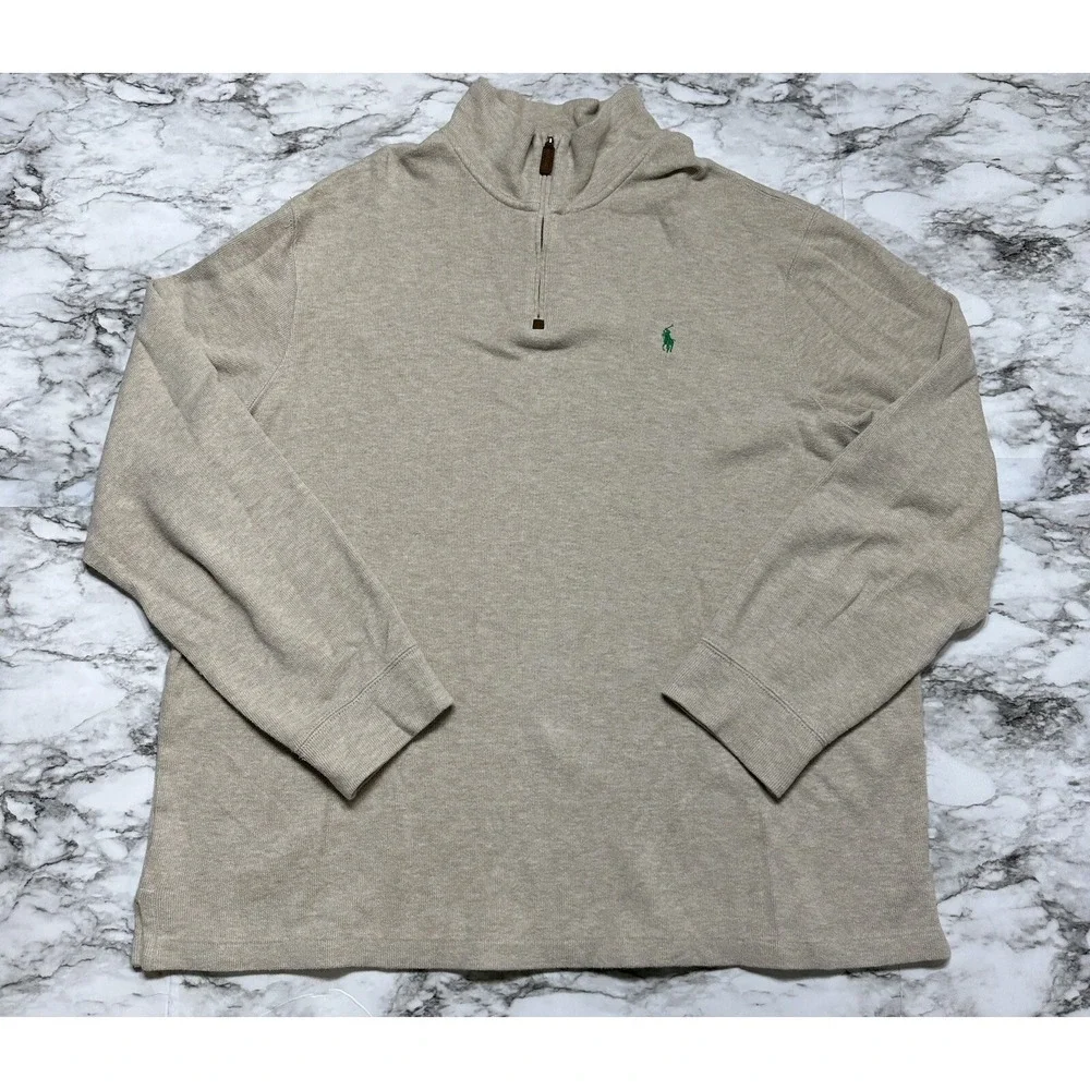 Polo Ralph Lauren Sweater Mens Size 2XL Ivory Beige Long Sleeve 1/4 Zip‎ Cotton